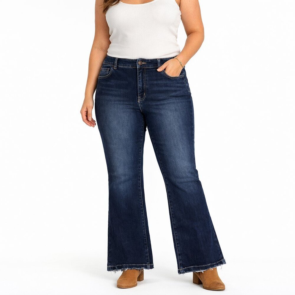 Flying Monkey Platinum Dark Wash Distressed High Rise Bootcut Jeans Womens 16W